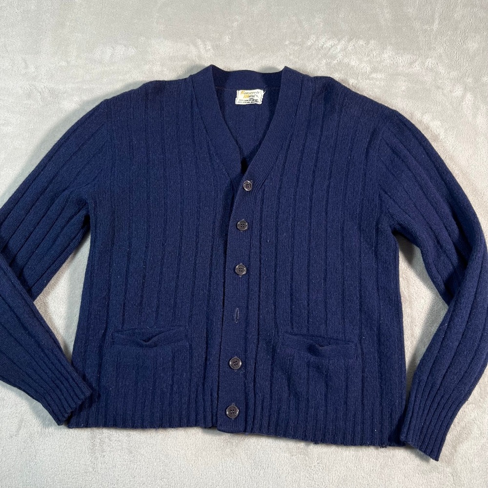 Vintage Roosevelt Mills Cardigan Sweater Men's Large Navy Blue Lambswool Blend